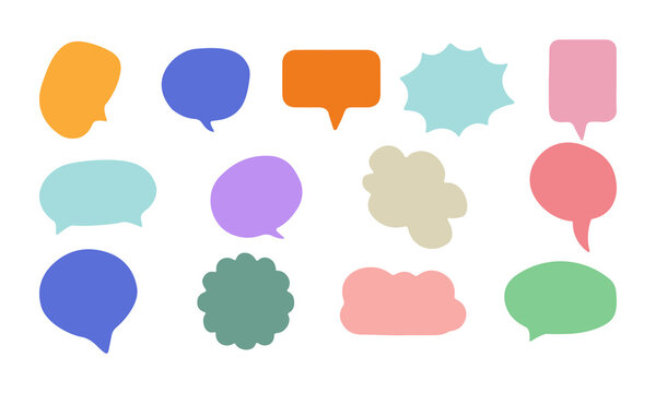 Collection of colorful irregular speech bubble shapes and abstract forms in pastel tones for communication design and creative expressions.