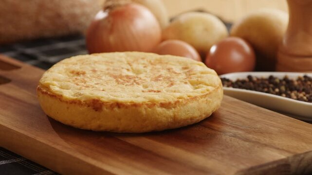 Spanish omelette tortilla, traditional potato and egg omelette sliced on wooden board, classic Spanish breakfast close up in cafe