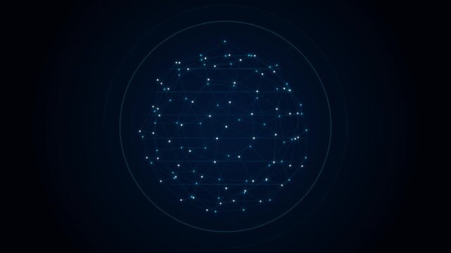 Digital globe sphere made of glowing dots and lines connecting on a dark blue background