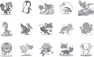 Obraz premium Monochrome animal collection vector graphic set featuring various wildlife characters in gray shades.