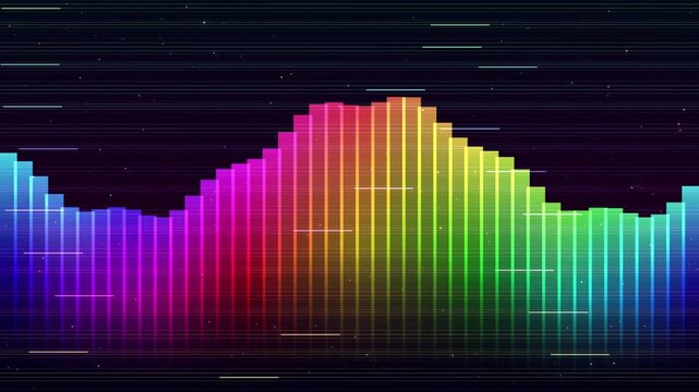 Colorful bar graph showing data trends with a rainbow spectrum gradient on a dark background