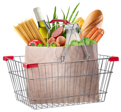  Metal wire shopping basket overflowing with fresh groceries, or