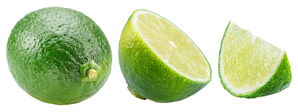 Whole green lime, a triangular wedge, and a round slice, isolated on a white background. Clipping Path.