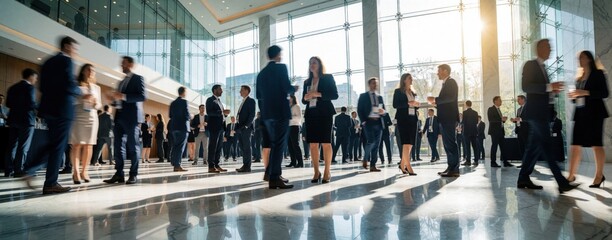 Naklejka na ściany i meble Diverse business people network in modern conference hall during corporate event. Professionals engage in communication, exchange ideas at large seminar. Crowd moves through bright sunlit lobby with