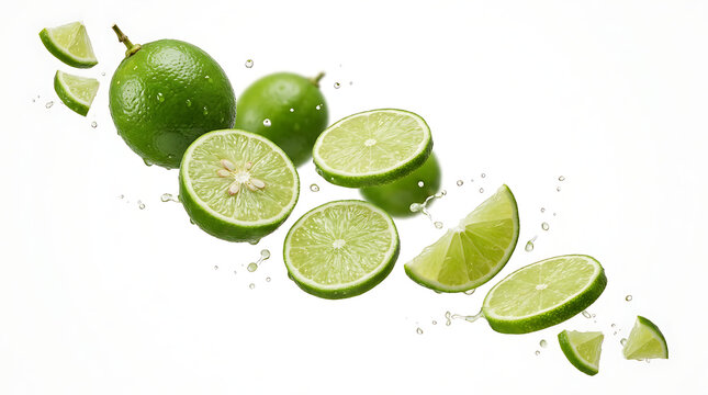 Fresh and Juicy Slices of Lime with Water Droplets in Mid-Air for Refreshing Beverage Preparation