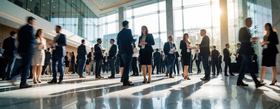 Diverse business people network in modern conference hall during corporate event. Professionals engage in communication, exchange ideas at large seminar. Crowd moves through bright sunlit lobby with