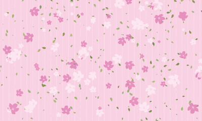 Naklejka premium cute seamless vector pattern featuring floating pink cherry blossom petals on striped pastel background