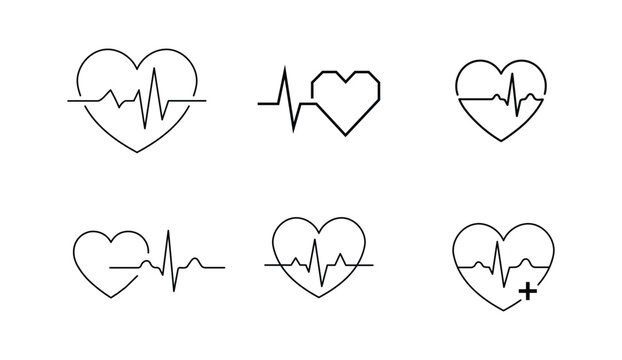 A collection of six hand drawn heart icons with electrocardiogram lines representing health love medical care and vital
