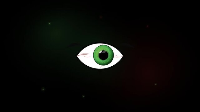Minimalist stylized cartoon green eye with red veins on black background for mystery or spooky design concepts