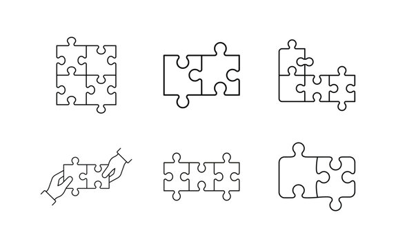 A collection of six distinct puzzle piece icons showcasing interlocking shapes and connectivity ideal for game design or