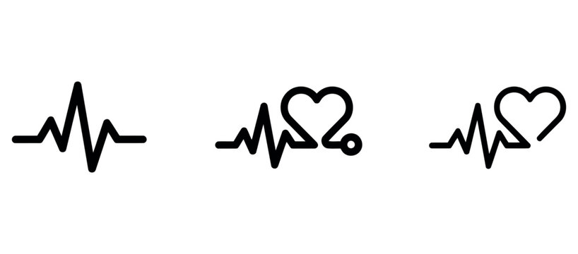 Clean black line heartbeat icons, ECG and heart symbols, illustrating vital signs, medical health, and cardiology.