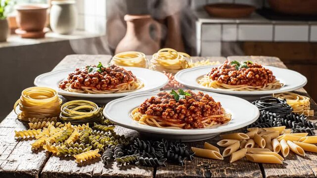 Delicious steaming plates of spaghetti bolognese surrounded by a variety of dried pasta on a rustic wooden table
