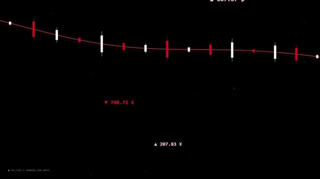 Stock market candlestick chart with red and white bars on a black background