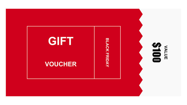 Red gift voucher with one hundred dollars value for black friday shopping discount promotion isolated on white transparent background
