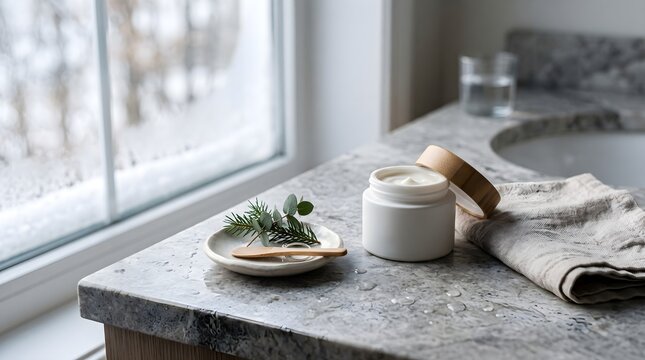 Close-up view of organic cosmetic cream containers and a small wooden tray with green sprigs placed on a stone counter against a bright winter window