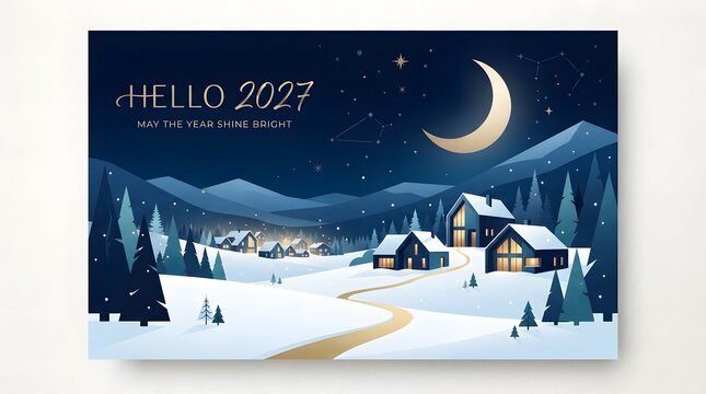 Winter village scene with illuminated homes under a bright crescent moon and starry night