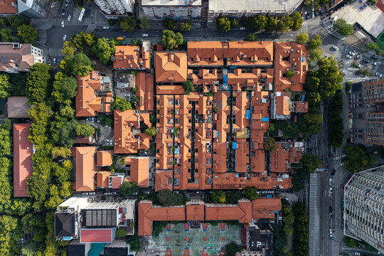 Aerial View of Historic Red-Roofed Buildings in Hankou Concession Area, Wuhan, China