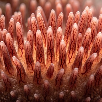 Extreme macro transillumination of vascularized dermal papillae on a male hairy frog
