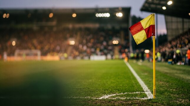 Corner Flag On Soccer Field With Checkered Flag In Evening Stadium Match