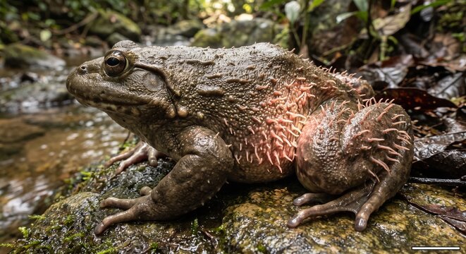 Macro profile of a male Hairy Frog (Trichobatrachus robustus) showing dermal papillae on its thighs