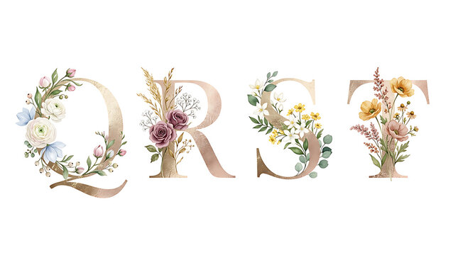 Elegant floral monogram letters with botanical accents for branding and invitations
