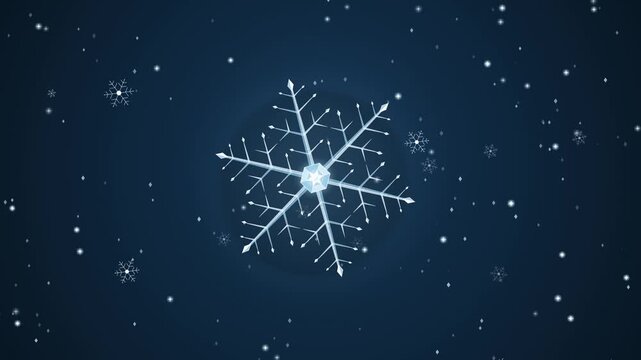 Premium 4K winter seasonal animation featuring an intricate crystalline ice snowflake with six-fold symmetry, frosted facets, specular highlight sweep, and layered parallax snowfall in an exact 8-seco