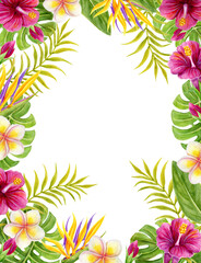 Tropical flowers and palm leaves frame. Floral tropics ornament. Hand drawn watercolor painting with pink Hibiscus  flowers, strelitzia and  frangipani. © Marisha
