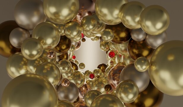 Abstract background with spheres, glass orbs, and glittering beads 3D illustration