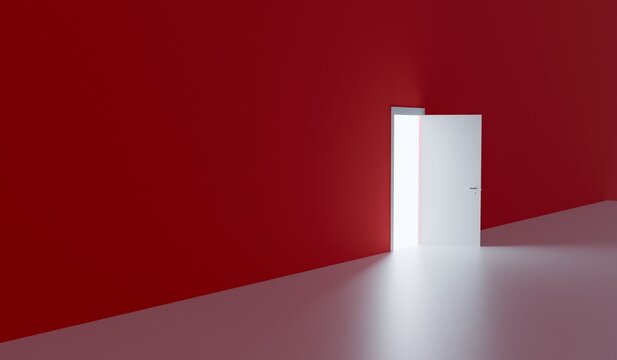 Light streaming from an opening door an exit 3D illustration