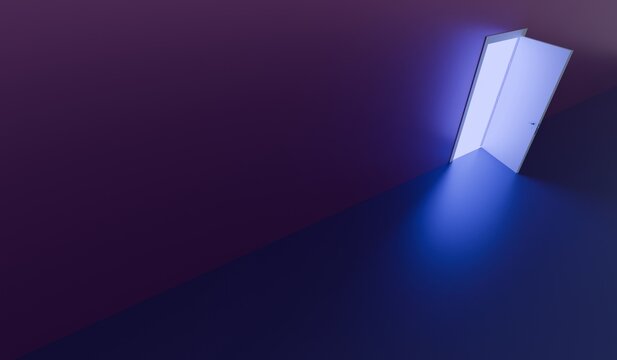 Light streaming from an opening door an exit 3D illustration