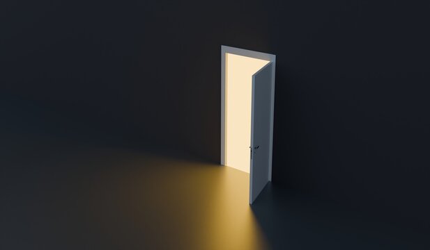 Light streaming from an opening door an exit 3D illustration