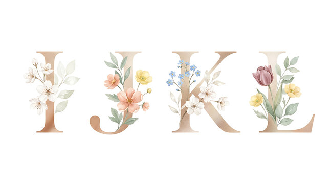 Floral monogram letters I J K L with watercolor flowers for wedding invitations and branding designs
