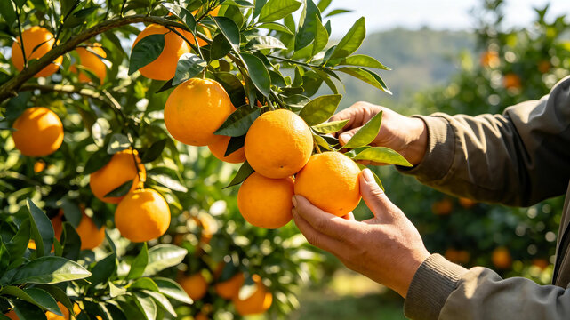 Farmer harvesting ripe oranges from a citrus tree in a sunny orchard