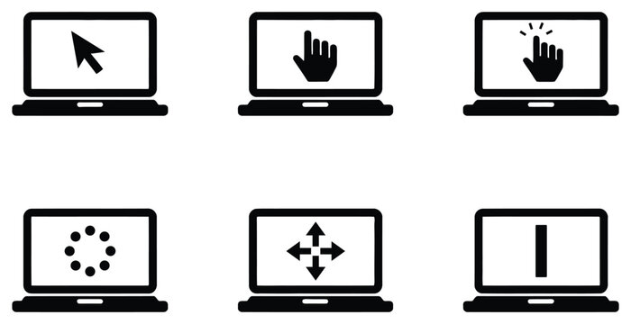 Laptop Screen Icons Set, Cursor Pointer, Hand Click, Loading Spinner, Move Arrows, and Text Caret Symbols for User Interface Actions, Web Design, Software Applications, and Digital Navigation