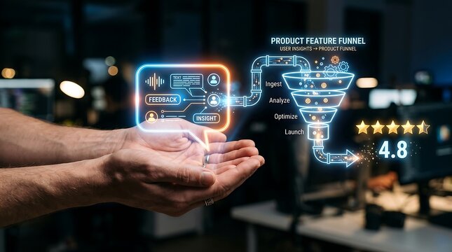 Hands presenting a glowing holographic Product Feature Funnel and Feedback diagram in a modern office setting. Represents data analytics, user insights, and product development.
