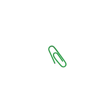 Single green metal paperclip isolated on white background
