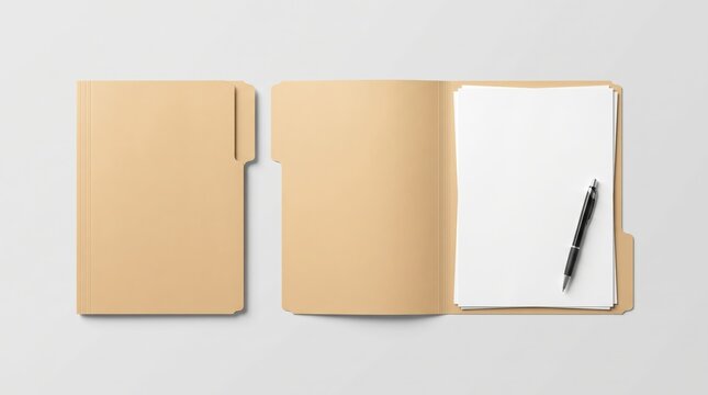 Manila paper file folder with blank document sheets and pen mockup flat lay