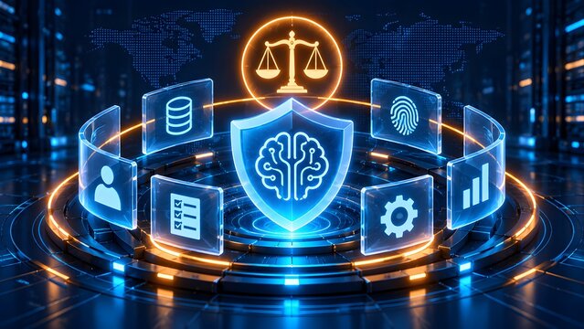 Glowing digital brain protected by security shield and scales of justice representing artificial intelligence ethics legal compliance and global data privacy laws