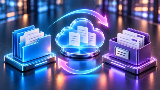 Glowing digital folders exchanging documents through a central cloud computing icon representing seamless data synchronization and wireless file transfer