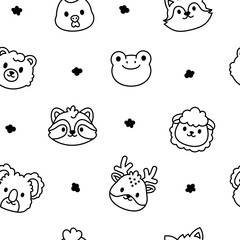 Fototapeta premium Animal face seamless pattern set featuring fox frog raccoon sheep koala deer cloud chicken bear head ear eye nose character
