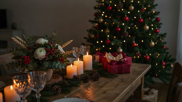 A charming close-up of a festive Christmas table with glowing white candles, red gifts, and a stunning ranunculus floral arrangement, created with generative AI.