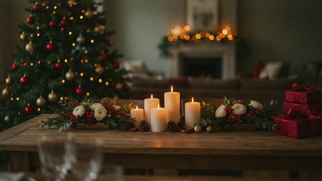 A sophisticated Christmas table arrangement showcasing multiple pillar candles of different heights flanked by ranunculus centerpieces, created with generative AI. 