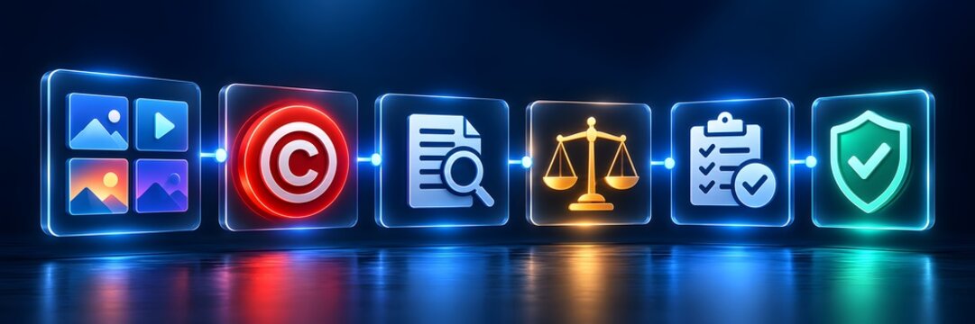 Linear sequence of glowing digital icons featuring copyright symbol legal scales and security shield representing intellectual property protection and legal compliance workflow