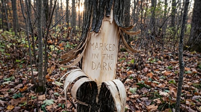 Ominous Words Marked In The Dark Carved Into Peeled Tree Bark In An Autumn Forest For Mystery And Halloween Horror Concepts