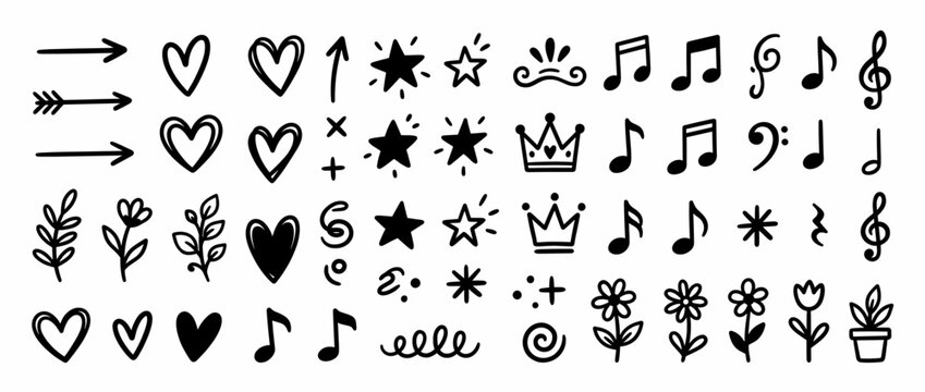 Black and white musical notes icons isolated on transparent background. Classic music symbols and signs. Notes, treble clef, bass clef, quarter notes, eighth notes, sixteenth notes, whole notes, half.