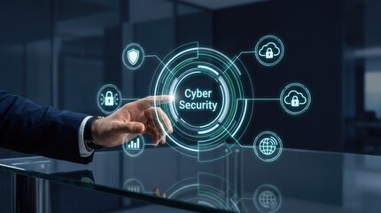 Obraz premium Cybersecurity concept with a person interacting with a digital network interface