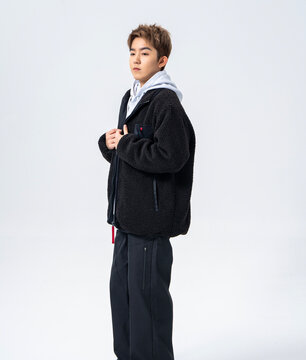 Men's Black Hooded Jacket Multi-angle Full Set Studio Shots