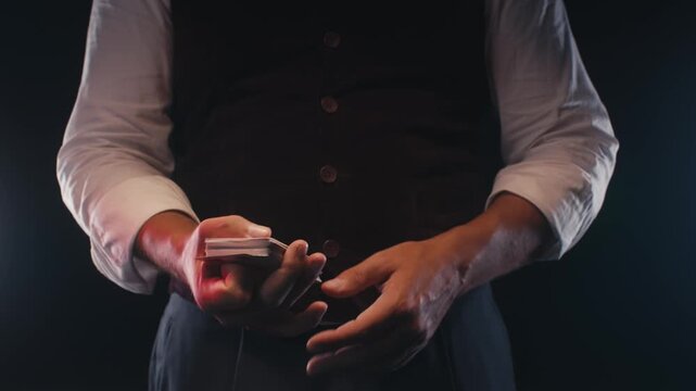 Magic trick showing, Professional croupier shuffling and dealing playing cards at a casino table, poker and blackjack game, magician performing a card trick shuffling cards deck
