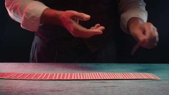 Magic trick, Professional croupier shuffling and dealing playing cards at a casino table, poker and blackjack game, magician performing a card trick shuffling cards deck