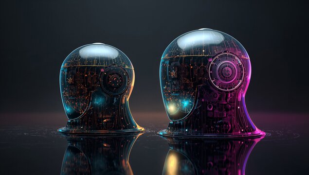 Futuristic cybernetic machine domes with glowing electronic circuitry and neon lighting on dark reflective surface